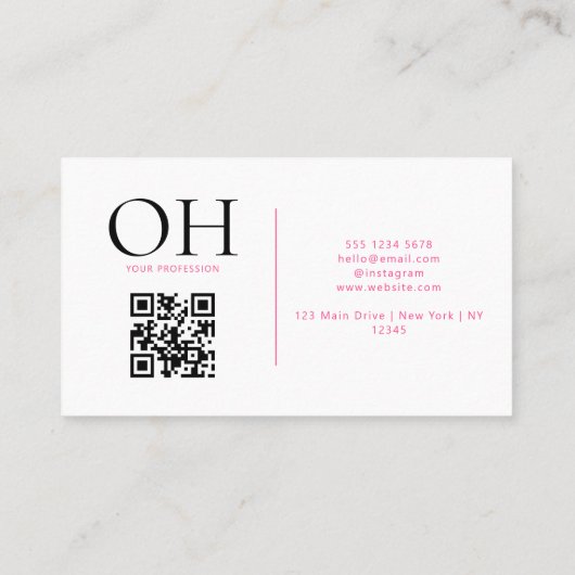 Modern wit en roze script QR Code Monogram Visitekaartje (Achterkant)