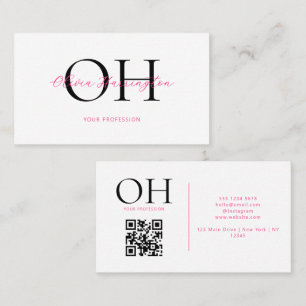 Modern wit en roze script QR Code Monogram Visitekaartje