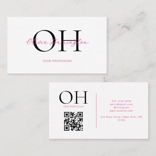 Modern wit en roze script QR Code Monogram Visitekaartje (Voorkant / Achterkant)