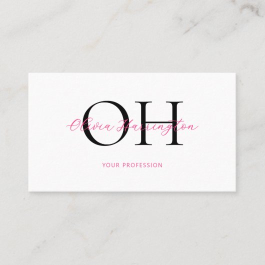 Modern wit en roze script QR Code Monogram Visitekaartje (Voorkant)