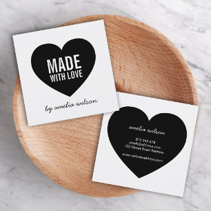 Modern Wit en Zwart 'Made with Love' Hart Vierkante Visitekaartje