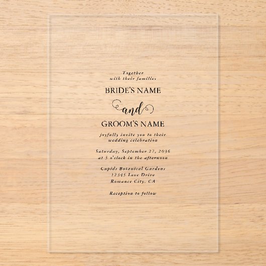 Modern wit en zwart script overlay bruiloft acryl uitnodigingen (Voorkant)