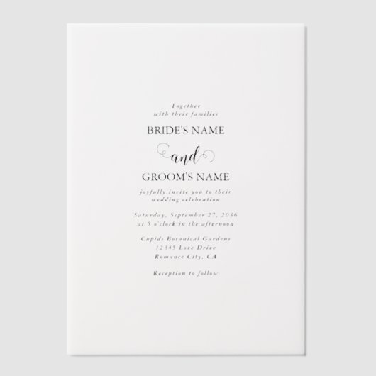 Modern wit en zwart script overlay bruiloft vellum uitnodigingen (Voorkant)