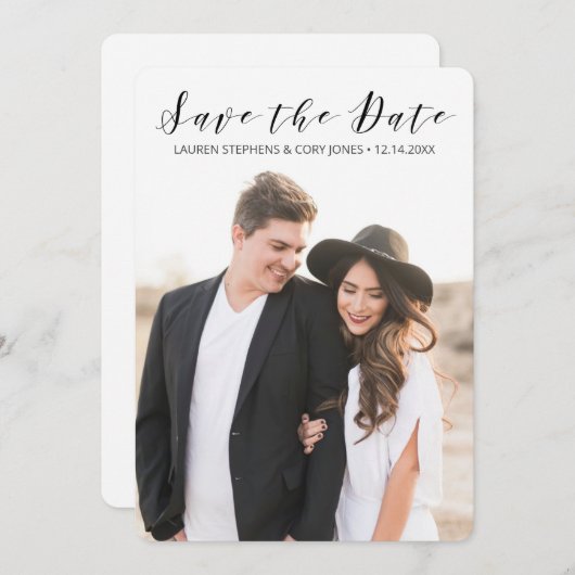 Modern wit en zwart script save the date (Voorkant / Achterkant)