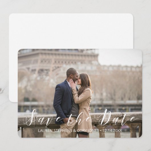 Modern wit en zwart script save the date (Voorkant / Achterkant)