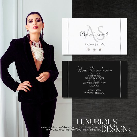 Modern Wit en Zwart Shimmery Diamonds Initialen Visitekaartje