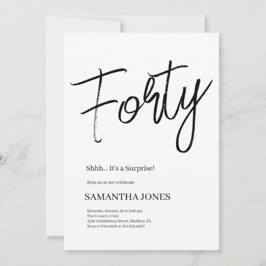 Modern Wit en Zwart Veertig 40ste Verjaardagsfeest Kaart (Voorkant)