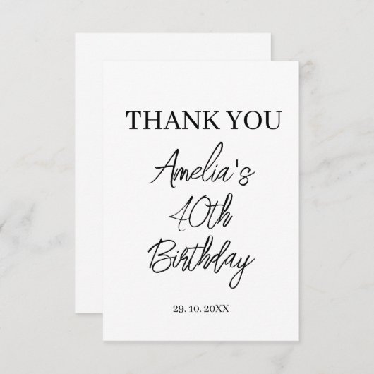Modern wit en zwart verjaardagsfeestje bedankkaart (Voorkant / Achterkant)