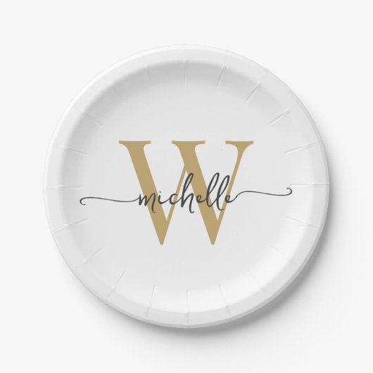 Modern Wit Goud Aangepaste Monogram Naam Script Papieren Bordje (Voorkant)