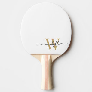 Modern Wit Goud Aangepaste Monogram Naam Script Tafeltennisbatje