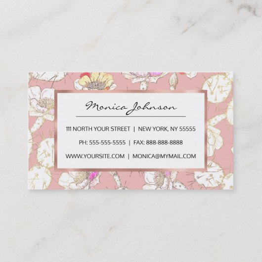 Modern Wit Goud Blush Roze Cactus Bloemen Patroon Visitekaartje (Achterkant)