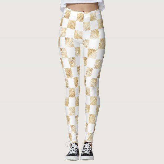 Modern wit goud dambord patroon leggings (Voorkant)