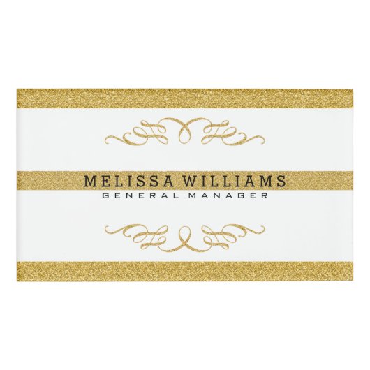 Modern Wit & Goud Glitter & Swirls Design Naambadge (Voorkant)