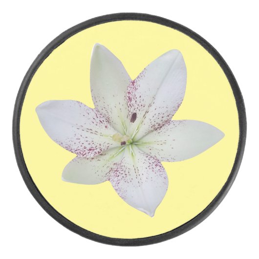 Modern Wit Goudgrijs Lelie Bloem Patroon Hockey Puck (Voorkant)