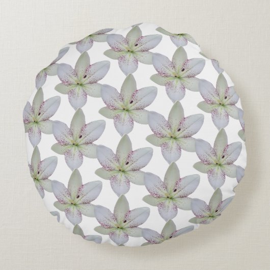 Modern Wit Goudgrijs Lelie Bloem Patroon Rond Kussen (Achterkant)