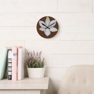 Modern Wit Goudgrijs Lelie Bloem Patroon Ronde Klok