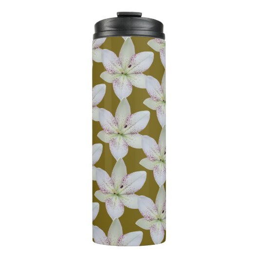 Modern Wit Goudgrijs Lelie Bloem Patroon Thermosbeker (Voorkant)