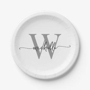 Modern Wit Grijs Aangepast Monogram Naam Script Papieren Bordje