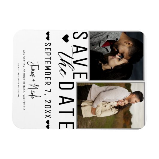 Modern Wit & Grijs Bewaar de datum 2 Foto Bruiloft Magneet (Horizontaal)