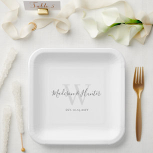 Modern Wit Grijs Script Monogram Bruiloft Papieren Bordje