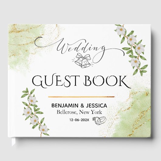 Modern wit & groen Bloemen Waterverf bruiloft Gastenboek (Voorkant)