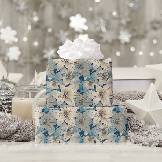 Modern wit kerstblauw patroon in Poinsettia Cadeaupapier