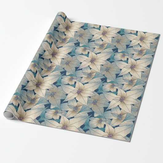 Modern wit kerstblauw patroon in Poinsettia Cadeaupapier (Uitgerold)