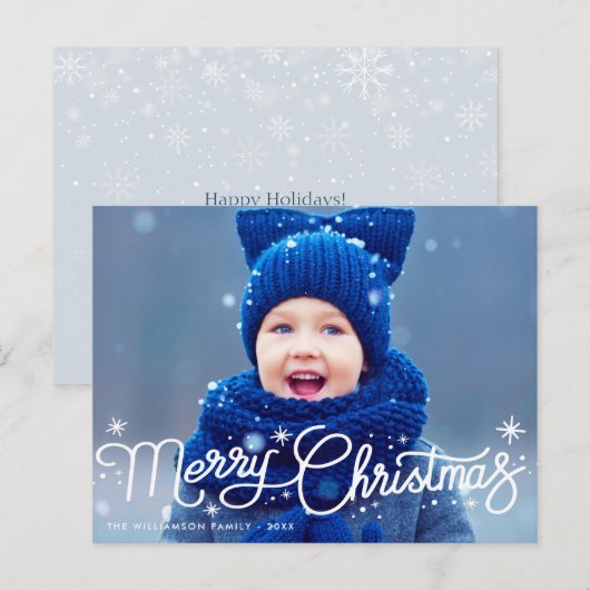Modern wit kerstblauw typografie briefkaart (Voorkant / Achterkant)