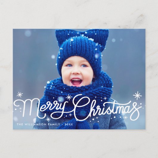 Modern wit kerstblauw typografie briefkaart (Voorkant)