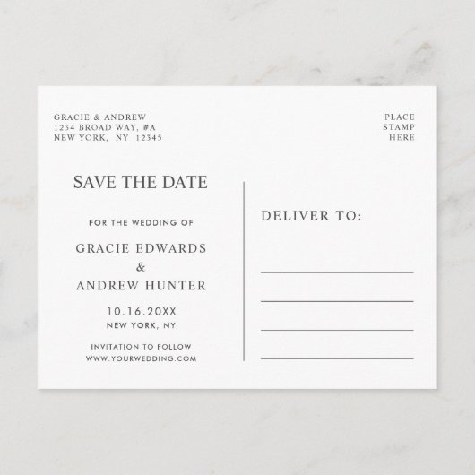 Modern wit marmer Bewaar de datum Aankondigingskaart (Achterkant)