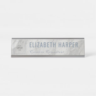 Modern wit marmer & blauw zakelijk logo op maat ge bureau naambordje