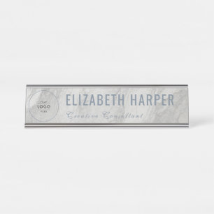 Modern wit marmer & blauw zakelijk logo op maat ge bureau naambordje