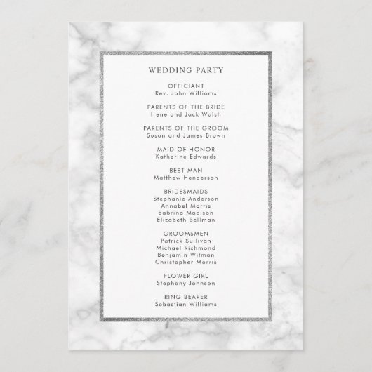 Modern wit marmer bruiloft ceremonie programma programmakaart (Achterkant)