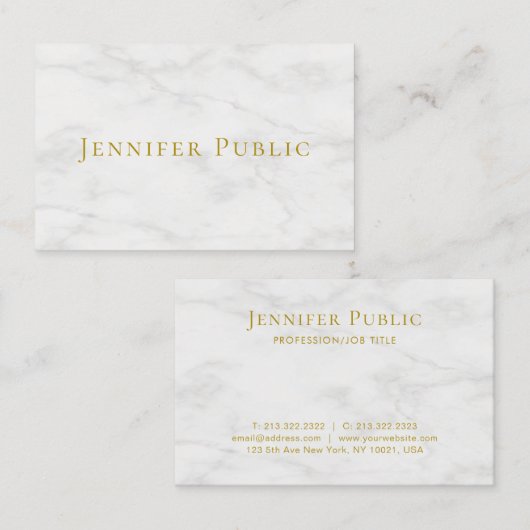 Modern wit marmer elegante gouden tekst Sjabloon Visitekaartje (Voorkant / Achterkant)