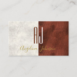 Modern wit marmer en koperen initialen monogram visitekaartje