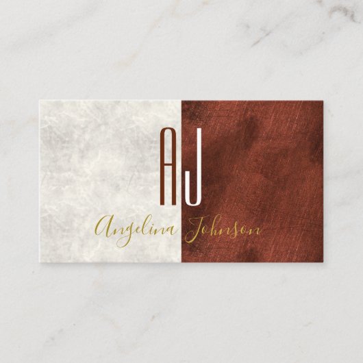 Modern wit marmer en koperen initialen monogram visitekaartje (Voorkant)