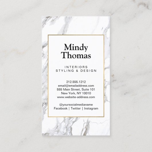 Modern wit marmer faux gouden Lijst Visitekaartje (Achterkant)