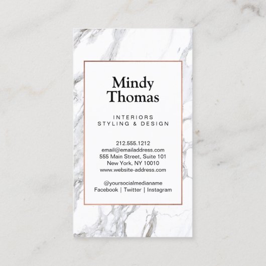 Modern Wit Marmer Faux Roos Goud Lijst Visitekaartje (Achterkant)