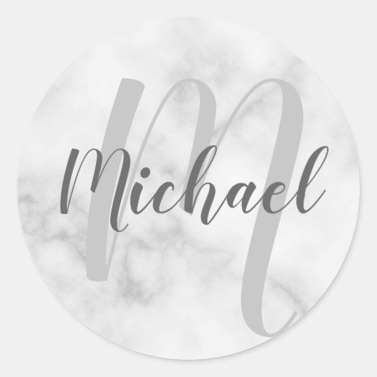 Modern Wit Marmer Gepersonaliseerd Monogram en Naa Ronde Sticker (Voorkant)