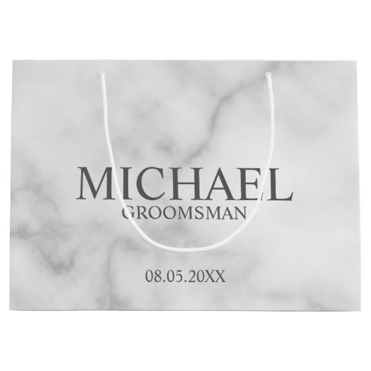 Modern wit marmer gepersonaliseerde groomsman groot cadeauzakje (Voorkant)