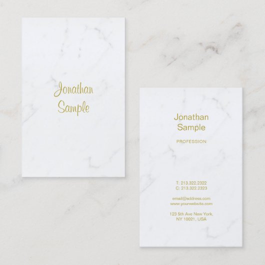Modern Wit Marmer Goud Script Luxe Sjabloon Visitekaartje (Voorkant / Achterkant)
