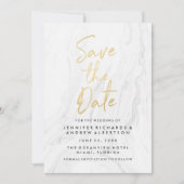 Modern wit marmer gouden script | Bewaar de datum Save The Date (Voorkant)