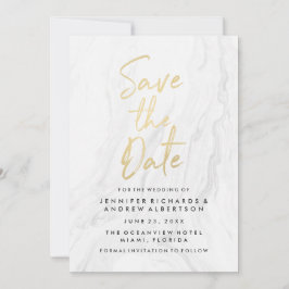 Modern wit marmer gouden script | Bewaar de datum Save The Date