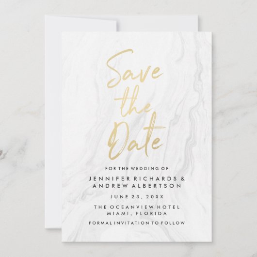 Modern wit marmer gouden script | Bewaar de datum Save The Date (Voorkant)