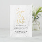 Modern wit marmer gouden script | Bewaar de datum Save The Date (Staand voorkant)