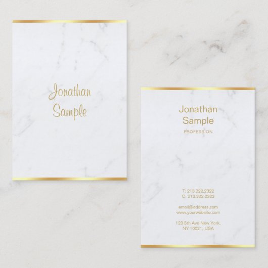 Modern wit marmer gouden script luxe Sjabloon Visitekaartje (Voorkant / Achterkant)