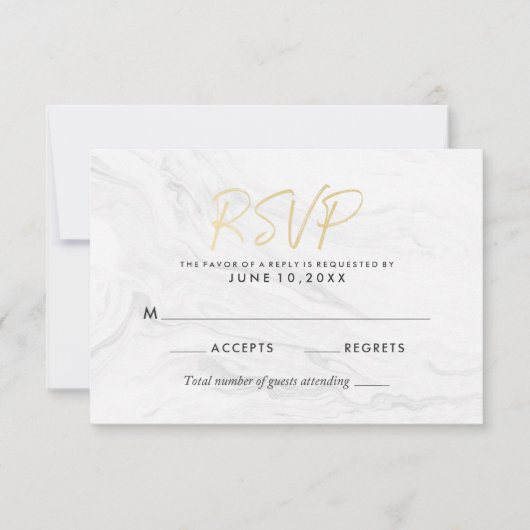 Modern wit marmer gouden script | Trouw RSVP Kaartje (Voorkant)