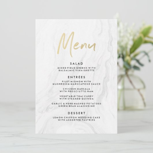 Modern wit marmer gouden script | Trouwmenu Menu (Staand voorkant)