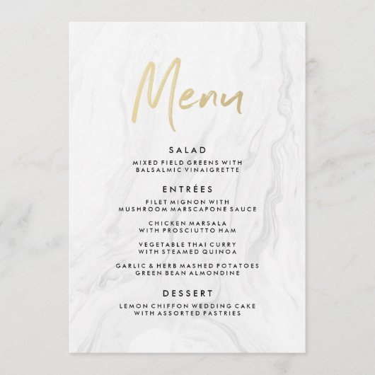 Modern wit marmer gouden script | Trouwmenu Menu (Voorkant)