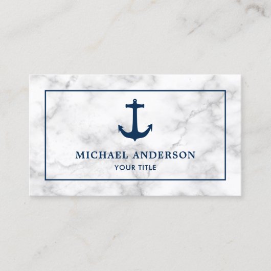Modern wit marmer marine blauw nautisch anker visitekaartje (Voorkant)